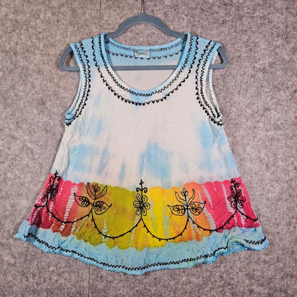 Womens Blue Tie Dye Tank Top Embroidered Boho Hippie Summer Beachy Free Size